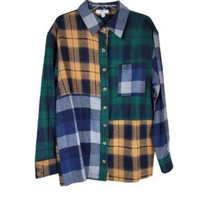 BP Button Front Plaid Boyfriend Patchwork Shirt